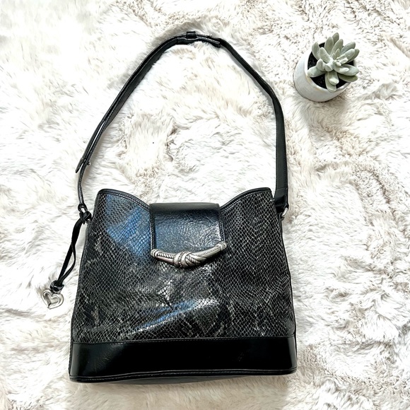 VINTAGE BRIGHTON BLACK LEATHER BAG Snake embossed - Picture 1 of 16